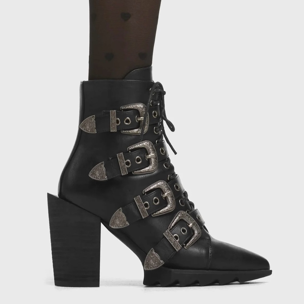 Sleek Black Multi-Buckle Heeled Boots
